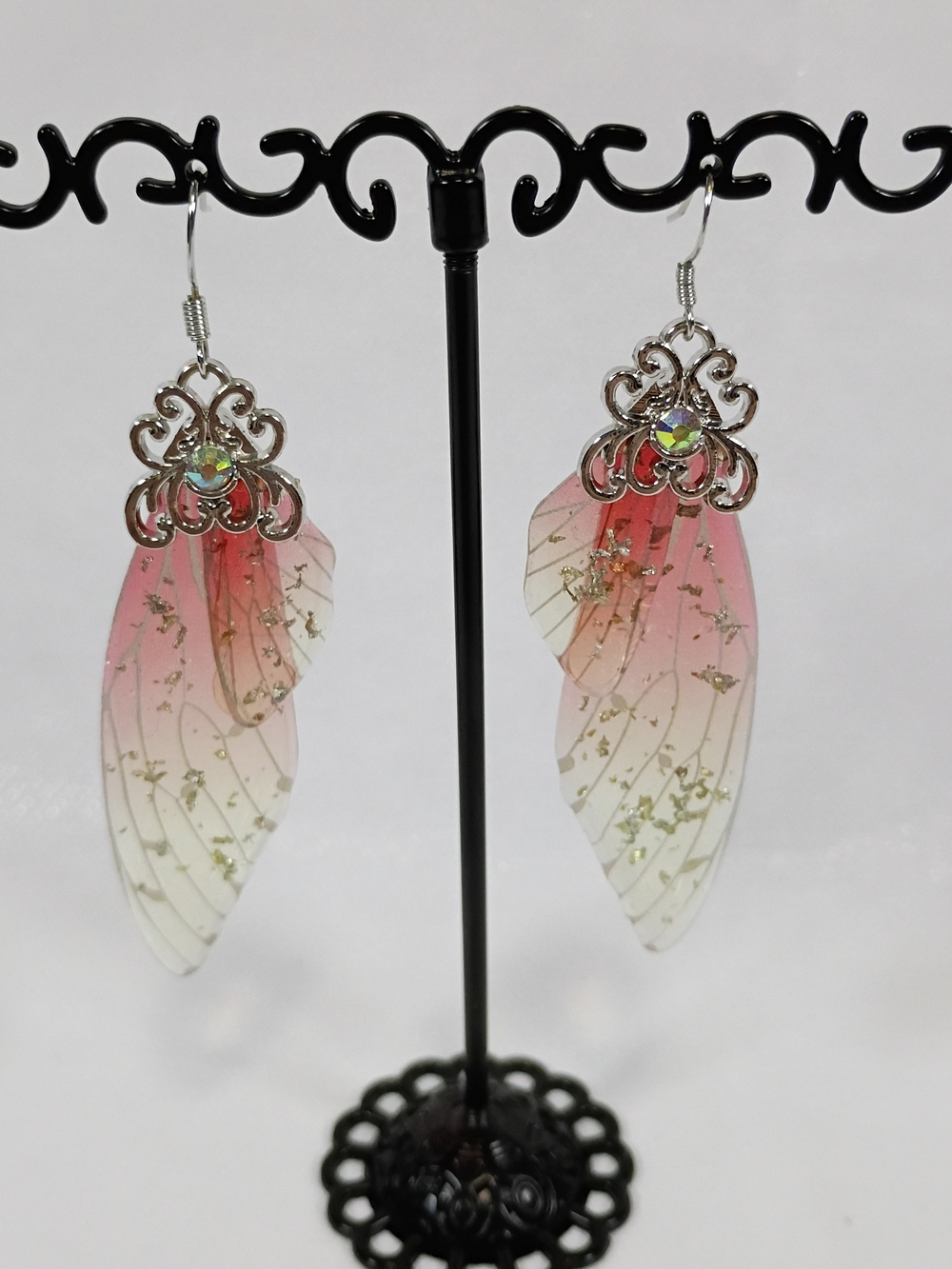 Delicate Pink Ombre Wing Earrings with Silver Filigree